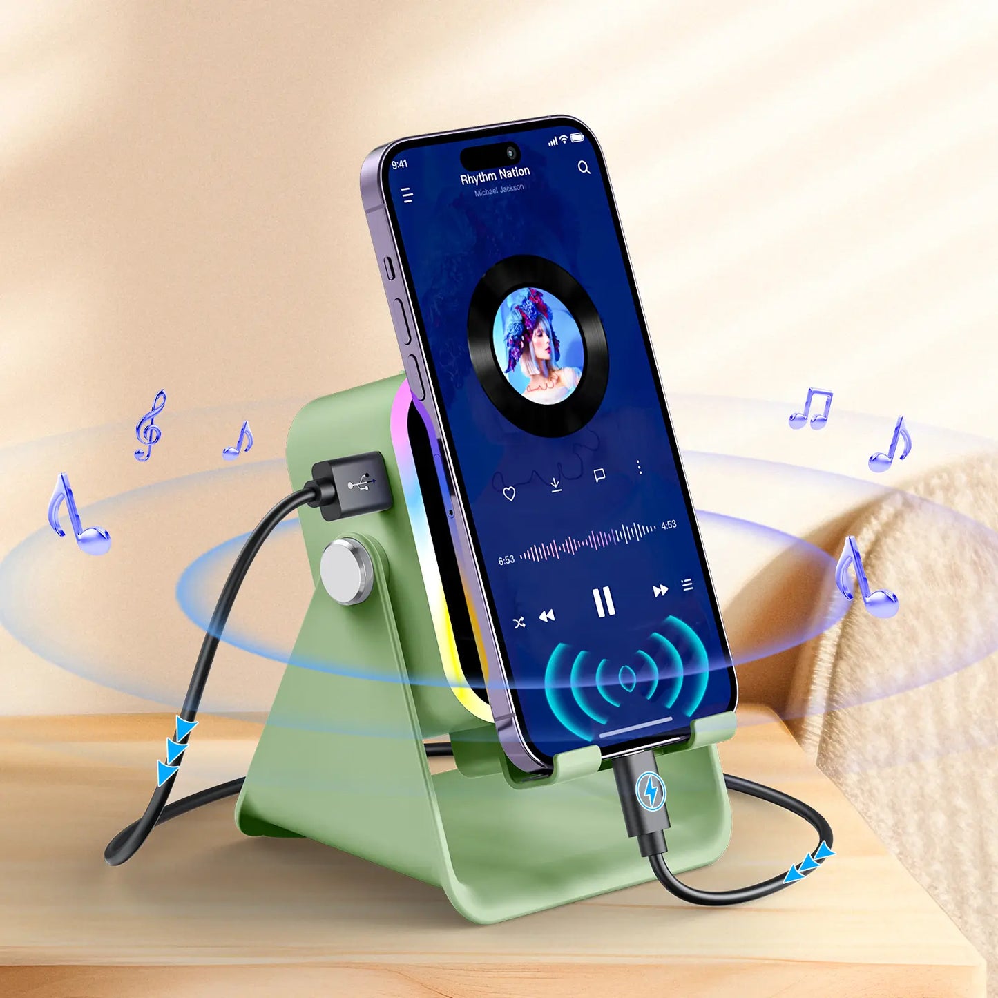 PUTARE Wireless Induction Audio Speaker Stand, 5In1 Cellphone Holder, 3500Mah Rechargeable Emergency Power Bank,360° Adjustable Mobile Tablet Stand with Colorful Ambient Light Gifts for Men Women Summerwins
