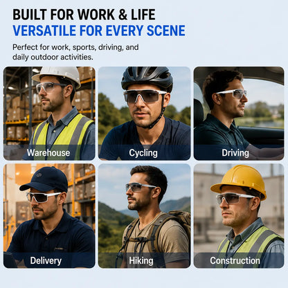 Bluetooth Smart Work Glasses with Open-Ear Audio, Auto-Darkening Photochromic Lens, Hands-Free Calling, AI Translation, UV400 Safety Eyewear for Warehouse, Delivery and Outdoor Work