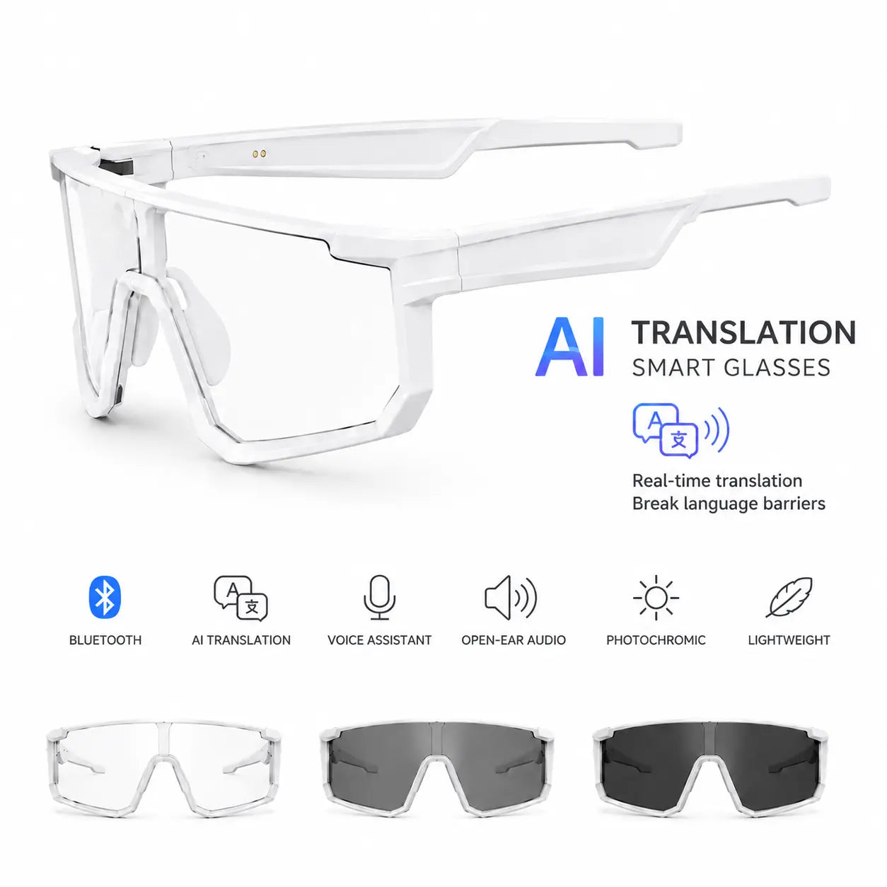 Bluetooth Smart Work Glasses with Open-Ear Audio, Auto-Darkening Photochromic Lens, Hands-Free Calling, AI Translation, UV400 Safety Eyewear for Warehouse, Delivery and Outdoor Work