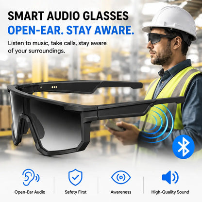 Bluetooth Smart Work Glasses with Open-Ear Audio, Auto-Darkening Photochromic Lens, Hands-Free Calling, AI Translation, UV400 Safety Eyewear for Warehouse, Delivery and Outdoor Work