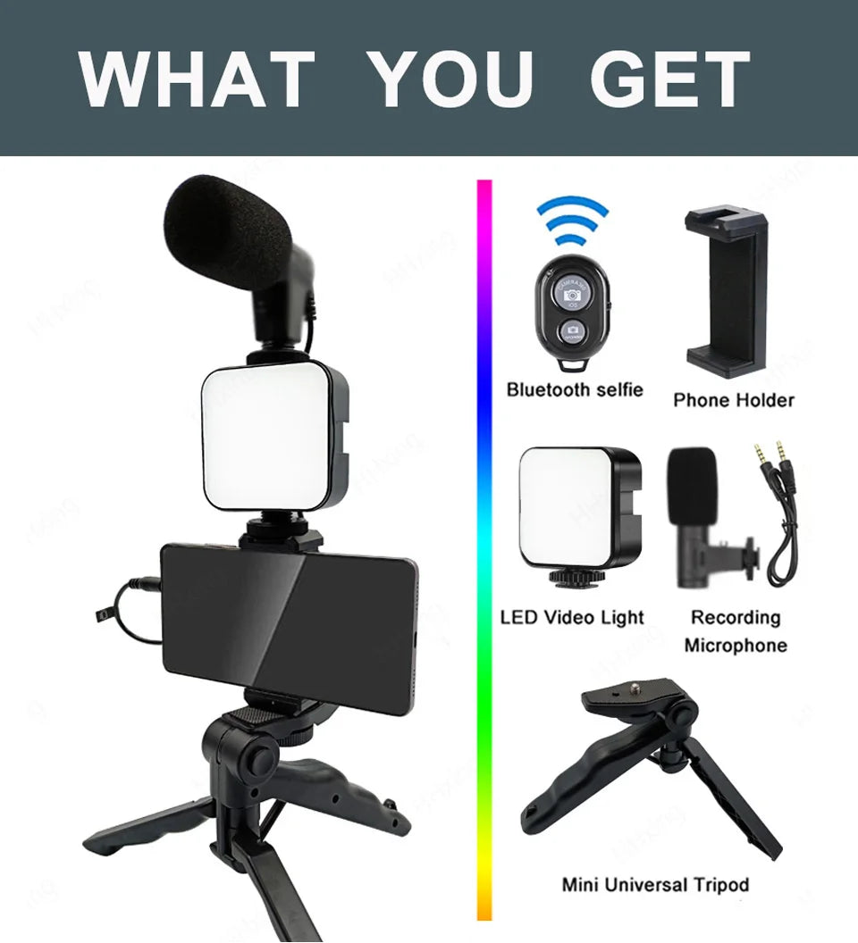 Phone Video Kit with LED Light, Microphone & Tripod — Portable Handheld Stabilizer for Vlogging, Selfies & Content Creation