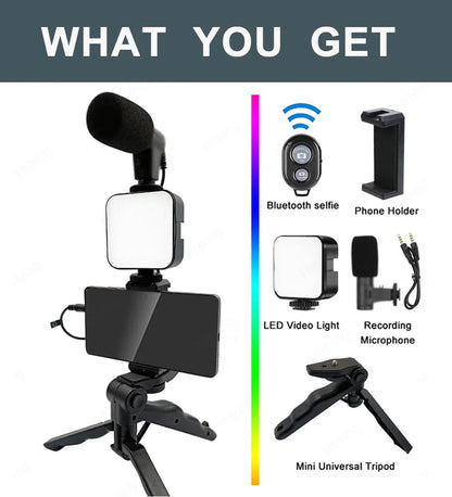 Phone Video Kit with LED Light, Microphone & Tripod — Portable Handheld Stabilizer for Vlogging, Selfies & Content Creation