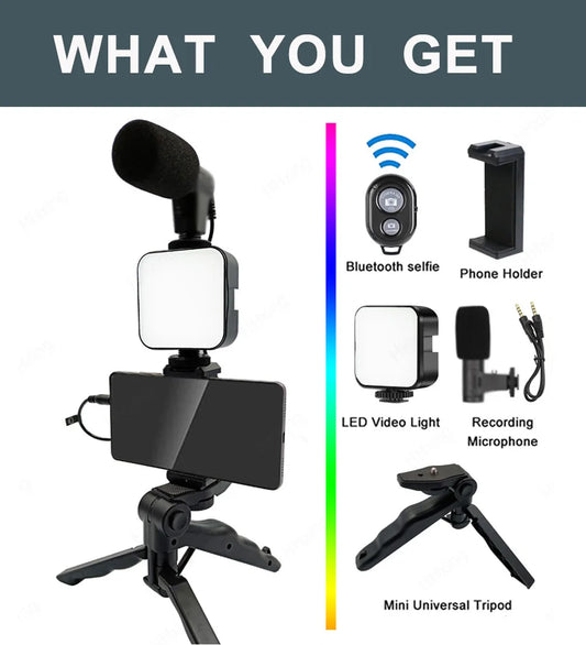 Phone Video Kit with LED Light, Microphone & Tripod — Portable Handheld Stabilizer for Vlogging, Selfies & Content Creation