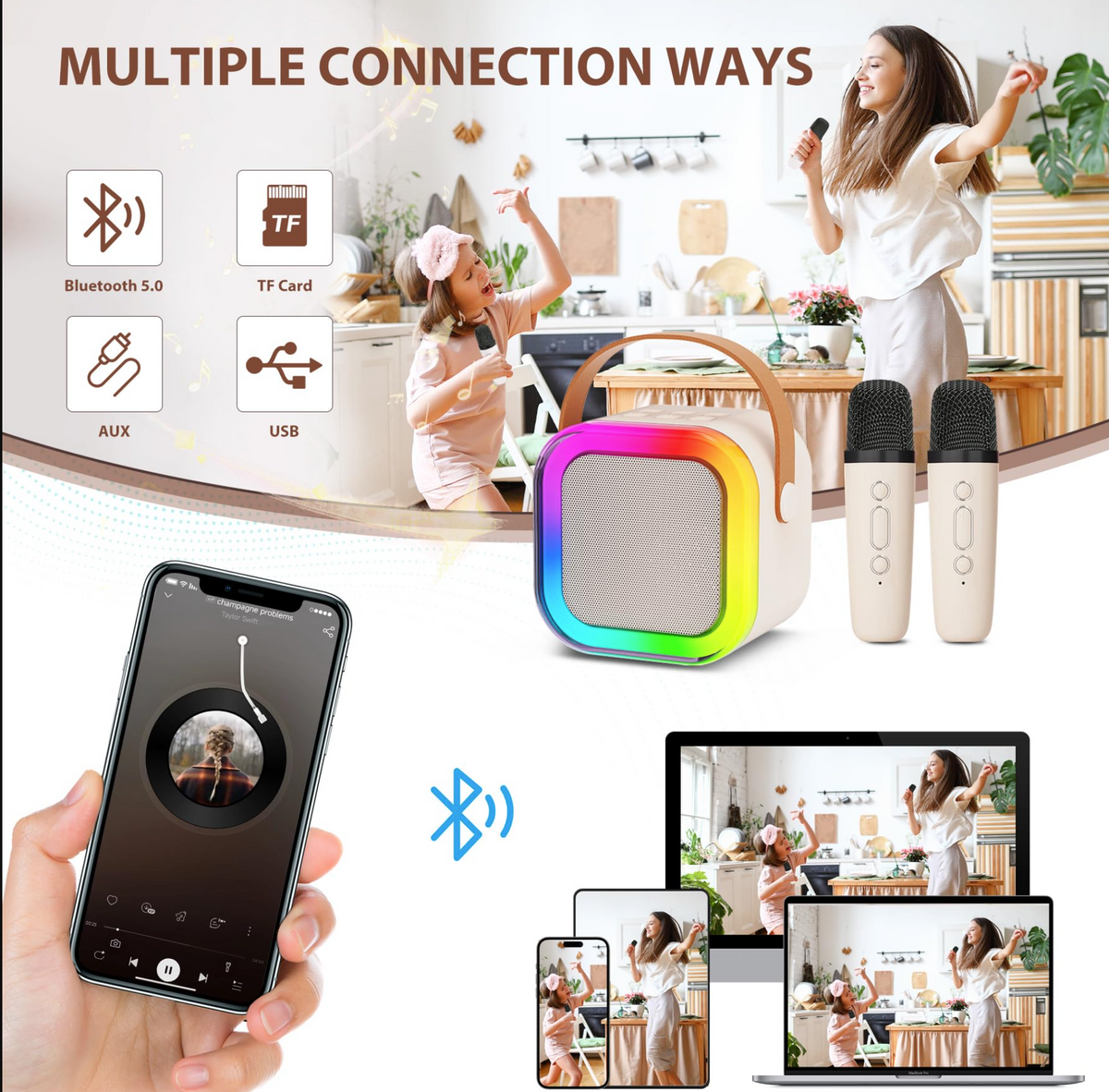 Mini Karaoke Machine with 2 Wireless Microphones