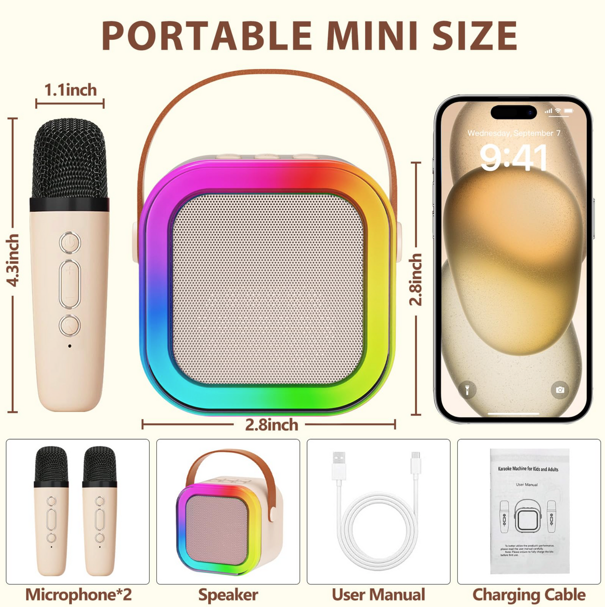 Mini Karaoke Machine with 2 Wireless Microphones