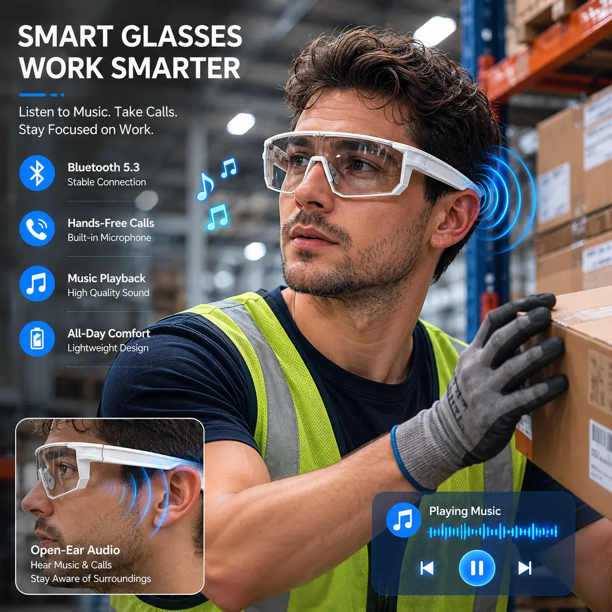 Bluetooth Smart Work Glasses with Open-Ear Audio, Auto-Darkening Photochromic Lens, Hands-Free Calling, AI Translation, UV400 Safety Eyewear for Warehouse, Delivery and Outdoor Work