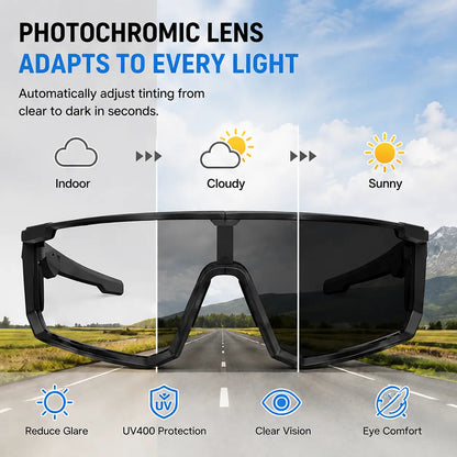Bluetooth Smart Work Glasses with Open-Ear Audio, Auto-Darkening Photochromic Lens, Hands-Free Calling, AI Translation, UV400 Safety Eyewear for Warehouse, Delivery and Outdoor Work